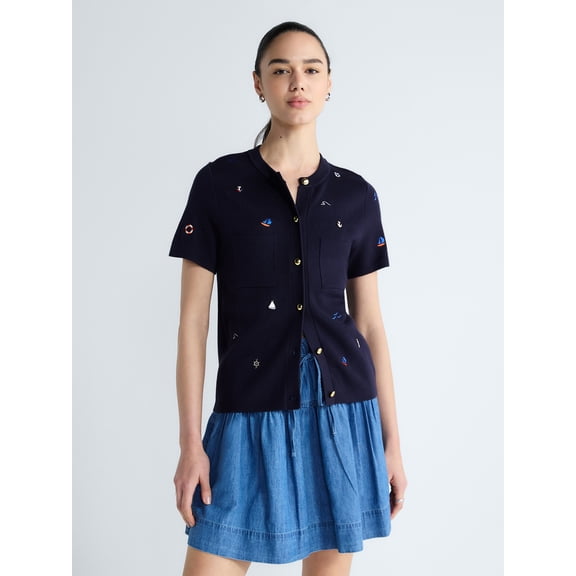 Free Assembly Women's and Women's Plus Embroidered Cardigan Sweater with Short Sleeves, Sizes XS-4X