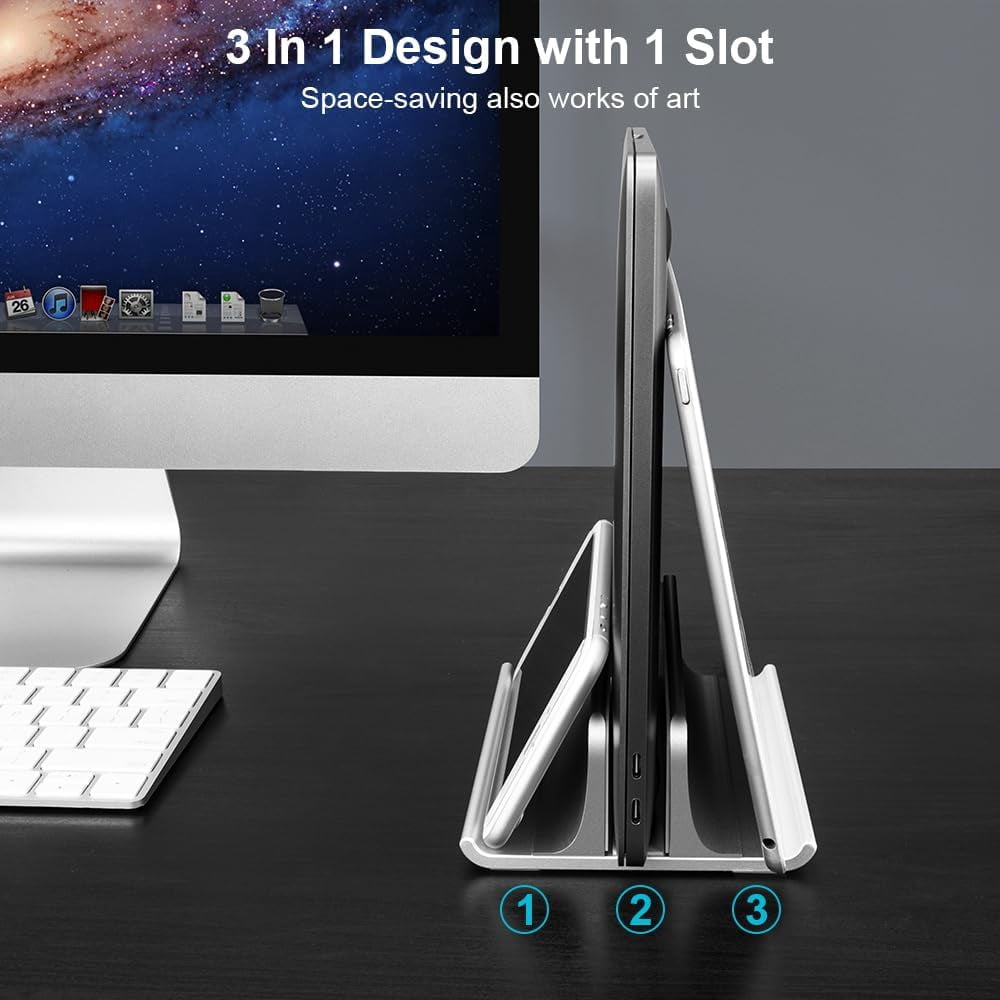 3-in-1 Aluminum Laptop Stand Vertical Laptop Stand Holder for Desk with Adjustable Dock, Space-Saving Organizer for All MacBook, Surface, Samsung, HP, Dell, up to 17.3 inch