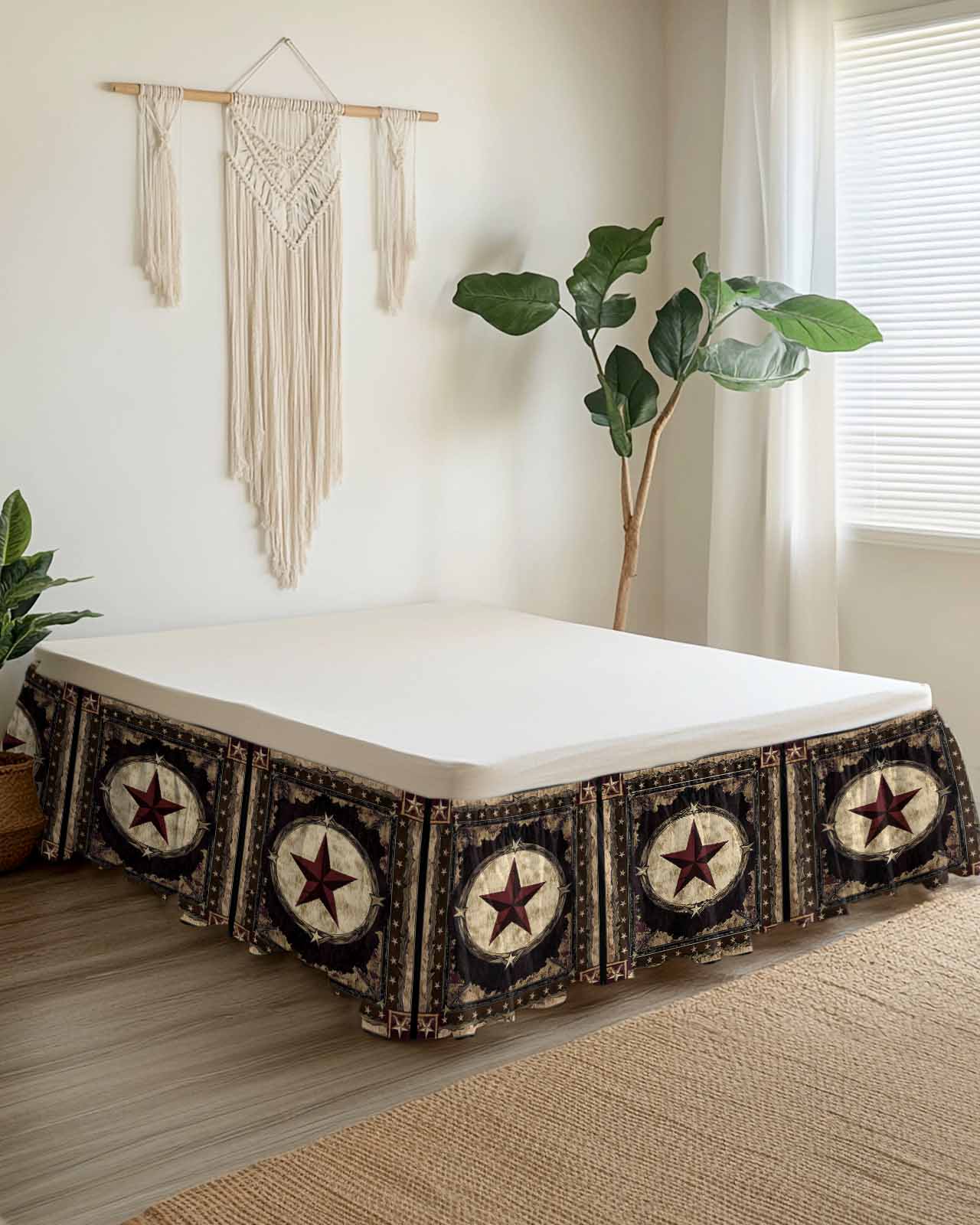 Texas Star Bed Skirt Western Retro Red Star Rustic Farmhouse Bed Skirts Queen Size 18 Inch Drop, Wrap Around Dust Ruffle&nbsp;Bedskirt with Adjustable Elastic Belt for Queen Size Beds