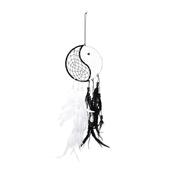 2pc Yin Yang Woven Net/Web with Feather Pendant Decoration with Wood Beads for Home Bedroom Car Ornaments Birthday Gift Black 630mm