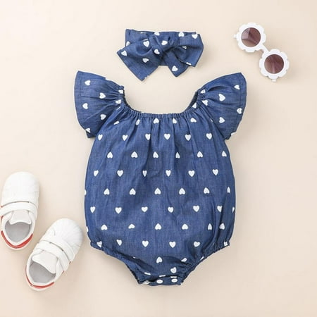 

Praeter Cute Summer Baby Girls Bodysuit+ Headband Denim Love Pattern Sleeveless Infant Jumpsuits Newborn Girl Clothes