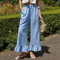thumbnail image 2 of Women’s Plaid Wide Leg Pants Flared Leg Baggy Drawstring Ruffle Palazzo Pants with Pockets Summer Elastic Waisted Slacks Blue S, 2 of 6