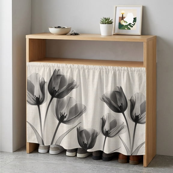 Vintage Tulip Cabinet Curtain 35"Wx35"L, Dustproof Under Sink Skirt with Self Adhesive Tape, Black Grey Beige Bloom Flower Floral Cabinet Curtain Cover for Kitchen Sink, Bathroom Vanity, Laundry Room