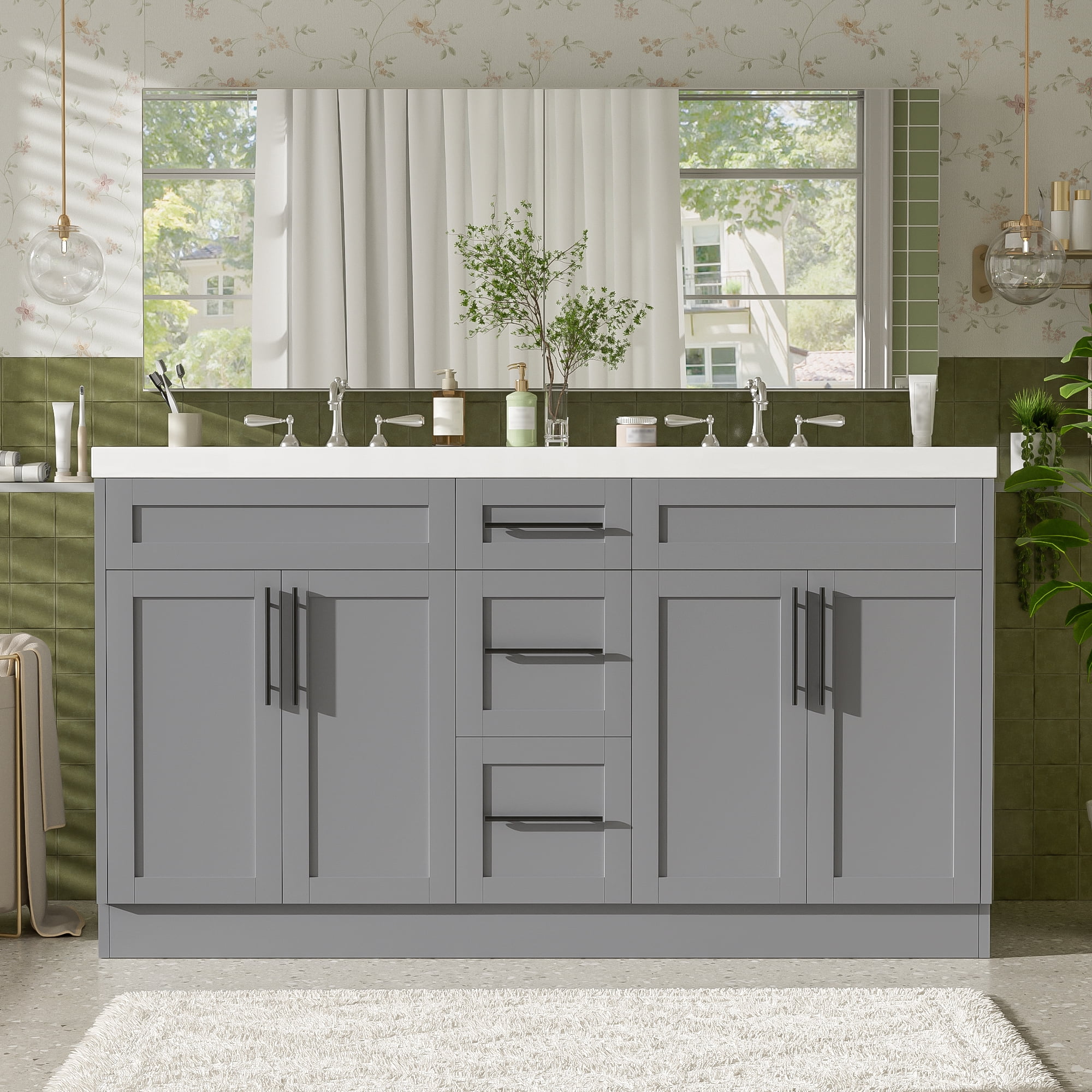 Harper & Bright Designs 59.3'' Large Bathroom Vanity with Double Sink, Free Standing Single Basin Vanity Set with Drawers and Door, Bathroom Sink Storage Cabinet, Gray