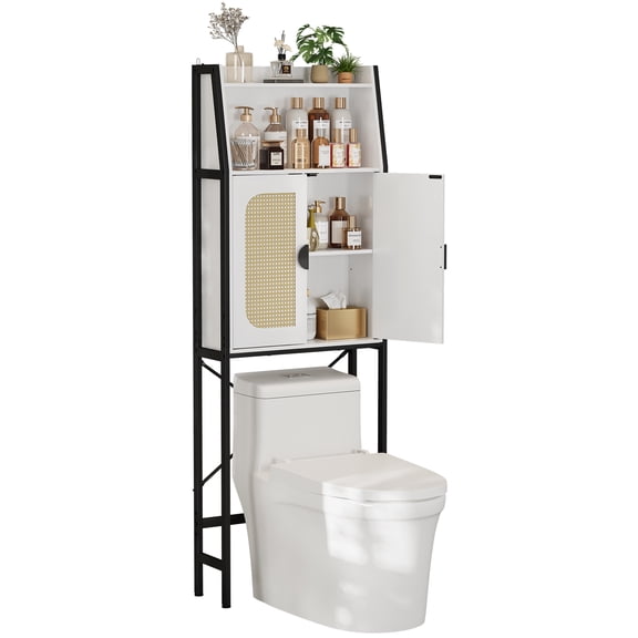 Over the Toilet Storage Cabinet with Rattan Doors, Bathroom Organizer, Adjustable Shelf, Metal Frame, Anti-Tip Device, Space-Saving, White
