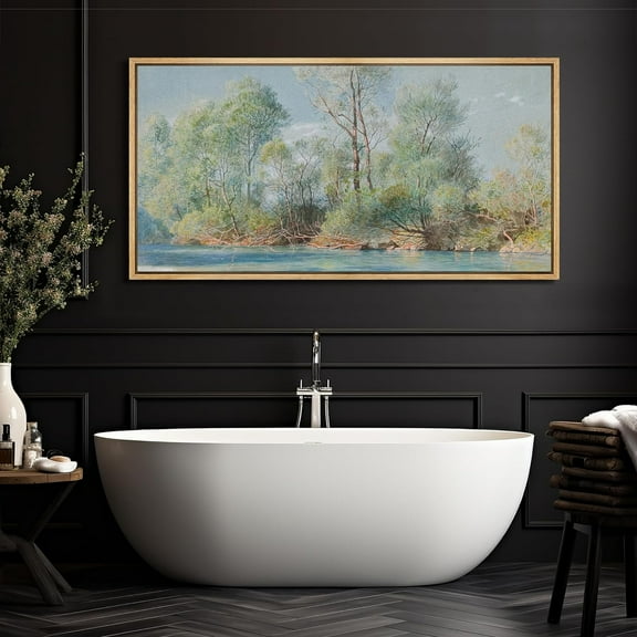 IDEA4WALL Extra Large Framed Canvas Print Wall Art Tranquil River Through Autumn Trees Pastoral Artwork Watercolor Landscape Antique Retro Fine Art Decor Relax/Calm for Home Decoration - 60"x30"