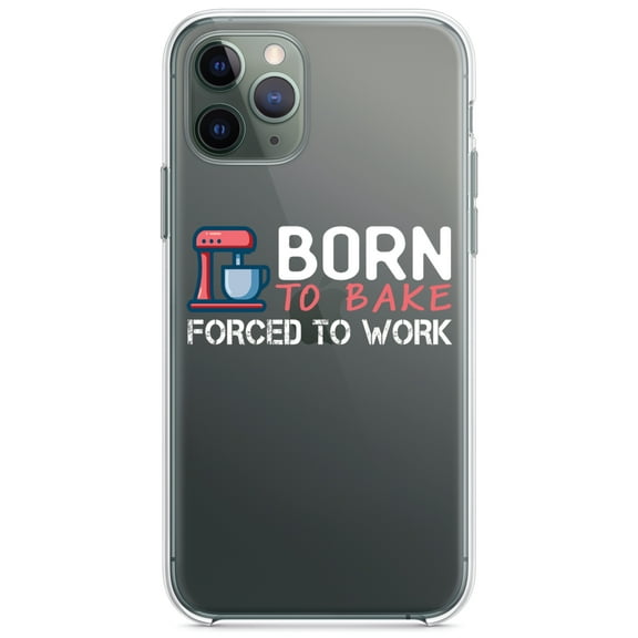 DistinctInk Clear Shockproof Hybrid Case for iPhone 11 (6.1" Screen) - TPU Bumper Acrylic Back Tempered Glass Screen Protector - Born to Bake Forced to Work