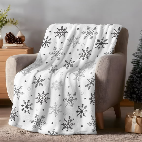 Black Gray Snowflakes Throw Flannel Blanket Minimalist Christmas Snowfall Pattern Super Soft Cozy Bed Blanket, Lightweight Plush Fuzzy Bed Throw for Bedroom Sofa Couch Living Room 60x80in