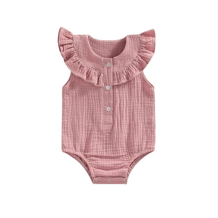 

Genuiskids Summer Newborn Infant Baby Girl Bodysuit Sleeveless Ruffled Solid Color Round Neck Romper 0-24M