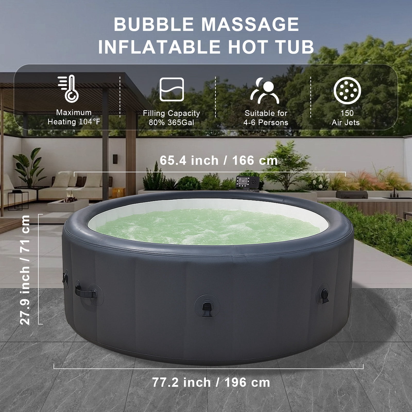 196*71cm Hot Tub, Swimming Pool With Heating, Bubble Massage, Ambient Lighting, Filtration, And One Click Inflation. Home Inflatable Massage Bathtub, Grey
