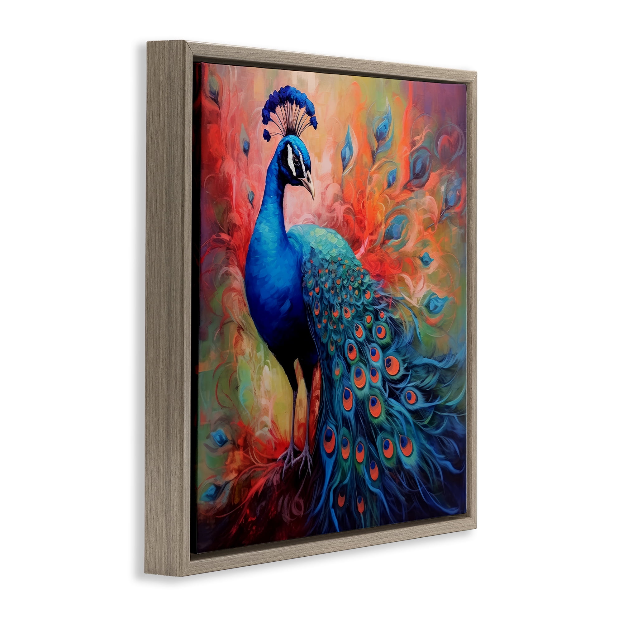 Stupell Industries Feathered Fantasy Peacock Animals Painting Brown Floater Framed Canvas Art Print Wall Art, 18 x 18