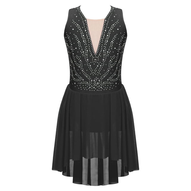Sinleey Robe de Patinage Artistique Scintillante pour Filles avec Strass, Robe de Danse Ballet Lyrique Contemporaine Noire 14