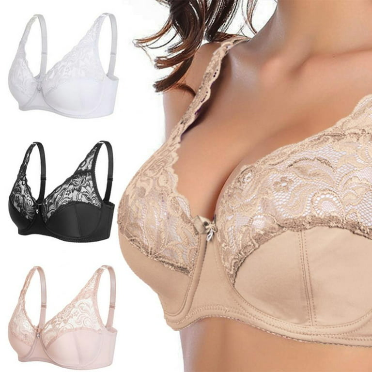 Women\'s Scalloped Lace Bra Embroidery Floral Bralette Underwire Minimizer  Bras Unlined 3/4 Cups Bra Non-Padded Plus Size Sexy Push up Brassiere  Lingerie(White,36/80C)