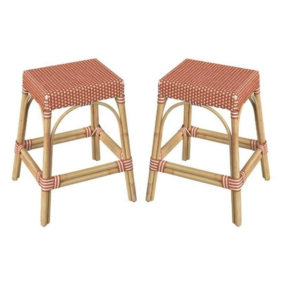 Home Square Rattan Counter Stool in Orange and White - Set of 2