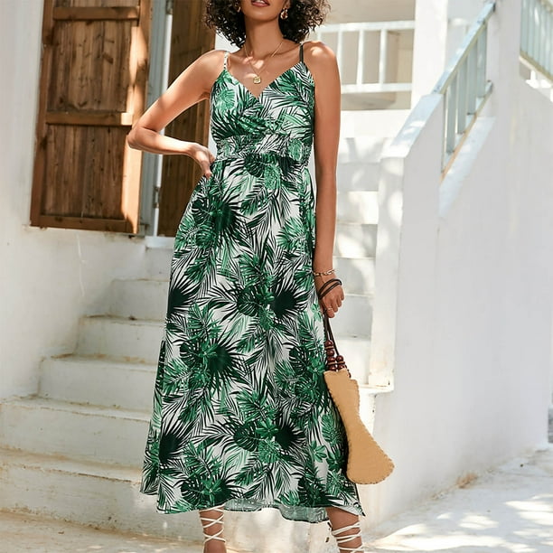 Puntoco Vestidos Mujer Verano Moda Mujer Verano Impreso Sin Mangas Camis V-Cuello Sin Espalda Vestido Casual