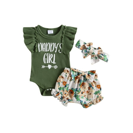 

luethbiezx Baby Girls Shorts Set Fly Sleeve Crew Neck Letters Print Romper with Flower Print Shorts and Hairband