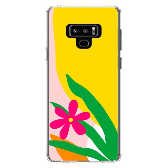 DistinctInk Clear Shockproof Hybrid Case for Samsung Galaxy Note 9 - TPU Bumper, Acrylic Back, Tempered Glass Screen Protector - Summer Vibes Bold Flower Pink Green Yellow