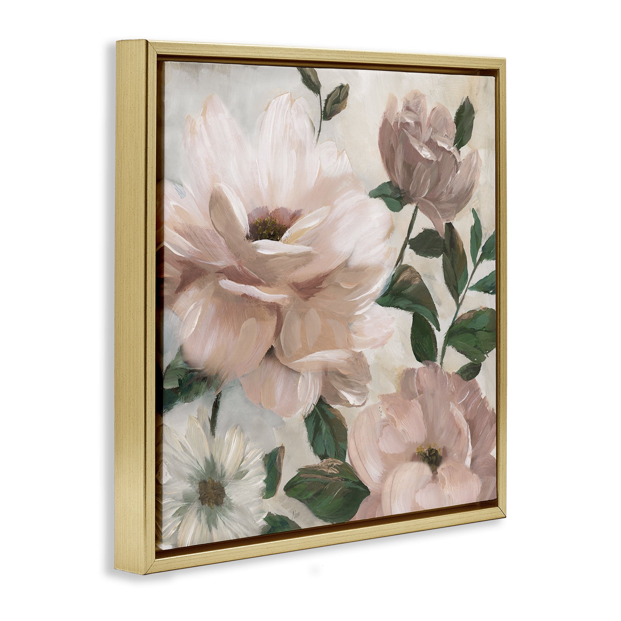 Stupell Industries Budding Blush Peonies & Leaves Gold Framed Floater Canvas Wall Art, design by Nan