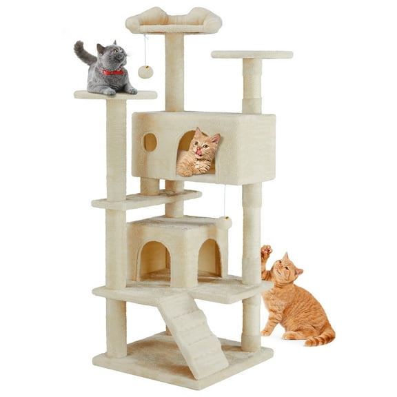 JIOABL Multi-Level Cat Tree Tower - 54-Inch Cat Tower with Large Condo, Climbing Ladder, Plush Toy, and More Cat Stuff, Beige