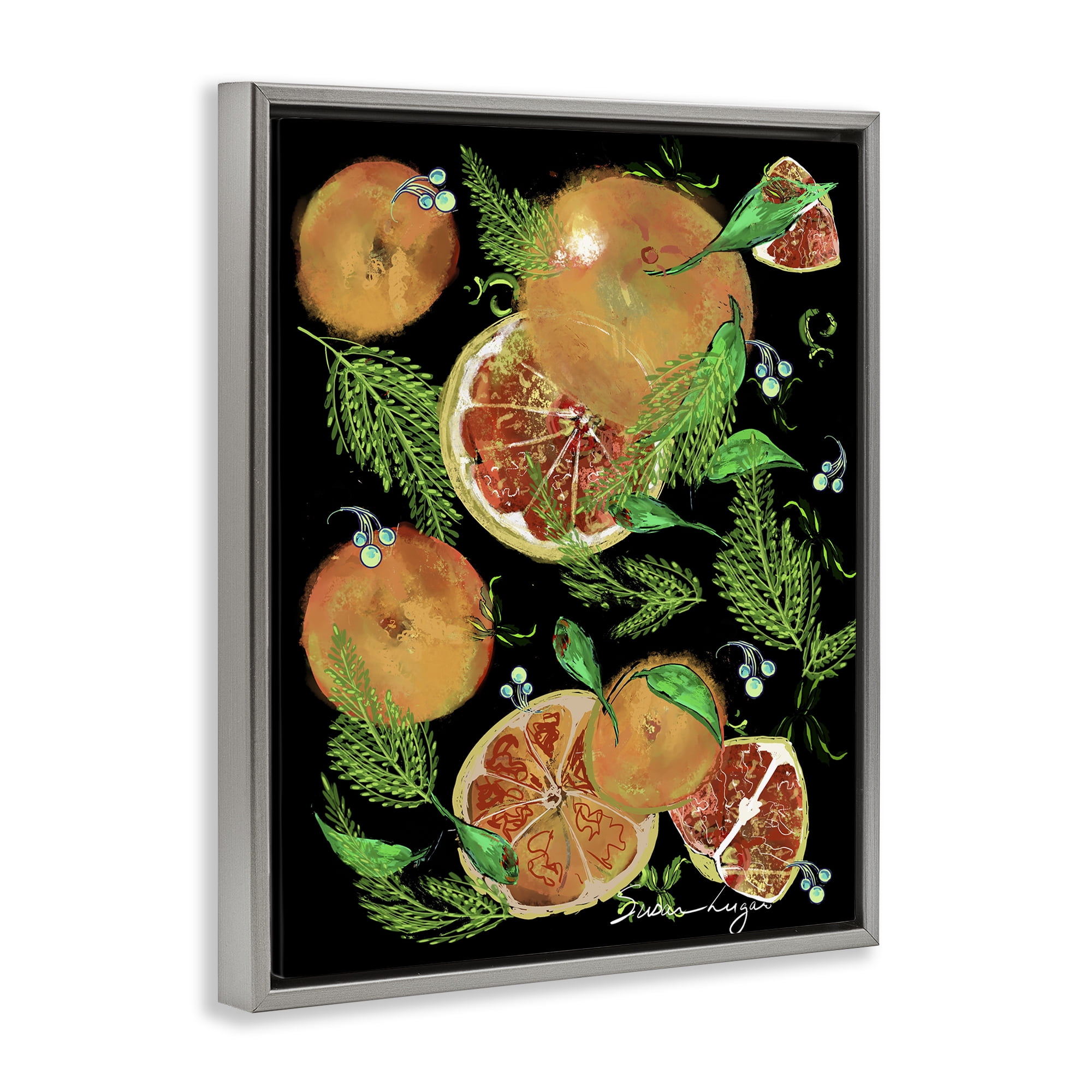 Stupell Industries Grapefruit & Ferns Medley Gray Framed Floater Canvas Wall Art, design by Susan Lugar