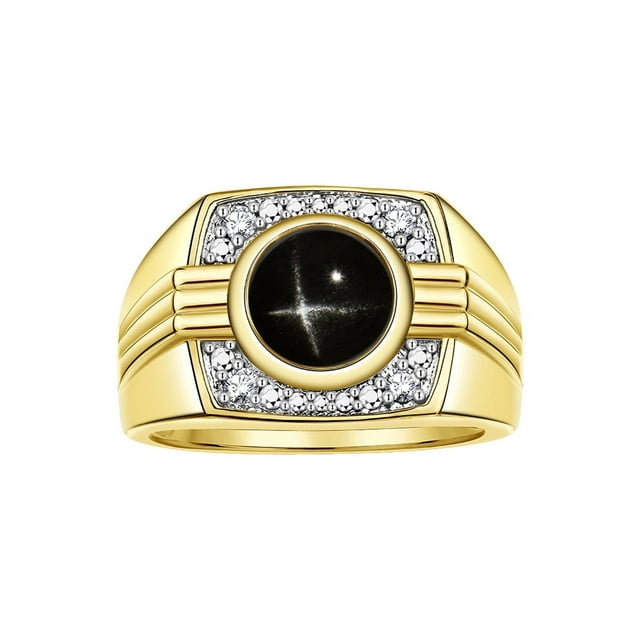 RYLOS Mens Rings 14K Yellow Gold Designer Round Gemstone & Sparkling Diamond Ring Black Star Sapphire March Birthstone Rings For Men, Men's Rings, Gold Rings Sizes 8 - 13