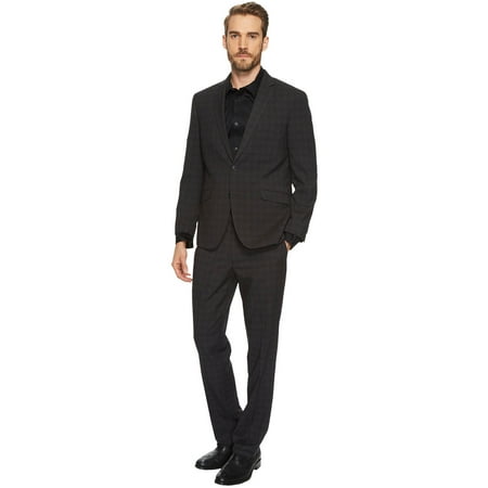 Kenneth Cole Reaction Mens Slim Plaid Suit 38 Regular Black Pants 31W