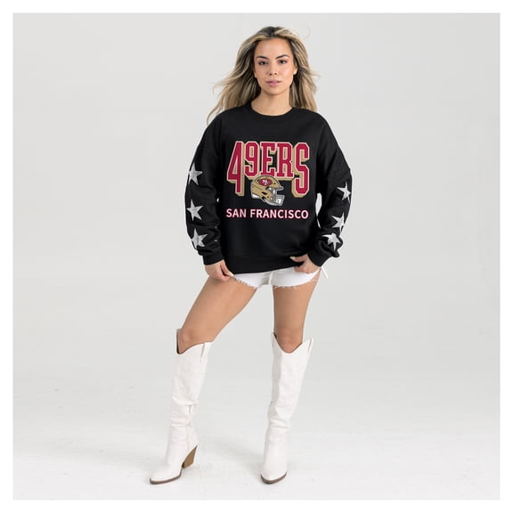 Women's Gameday Couture  Black San Francisco 49ers Pure Victory Rhinestud Star-Sleeve Pullover Sweatshirt