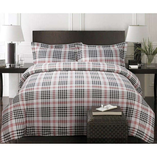 Printed Flannel 3 Piece Plaid Duvet Cover Set by Tribeca Living