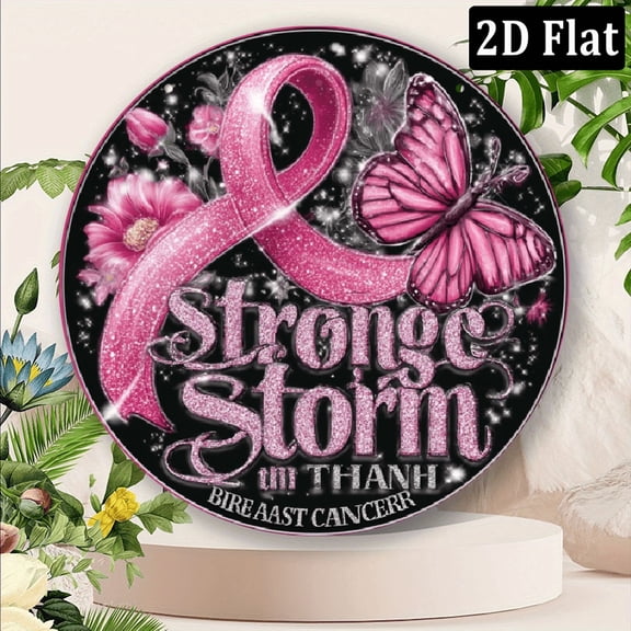 2D Flat, Room Decor 1pc Inspirational Breast Cancer Awareness Decor, Iron Construction Pink Butterfly Ribbon Wreath Sign for Charity Events Memorials, 8inch Diameter