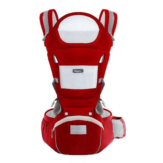 portabebés con taburete para la cintura o asiento para la cadera: 15 formas de llevarlo rojo Labymos, vista frontal centrada con panel trasero de malla honeycomb blanca y algodón, asiento de taburete acolchado curvo con soporte ergonómico para muslos, gran bolsillo lateral y bolsillo para botella, tirantes acolchados ajustables, cierres de broche y cremallera visibles y tiras reflectantes en los hombros; también suele usarse para llevar pañales y accesorios en salidas cortas.