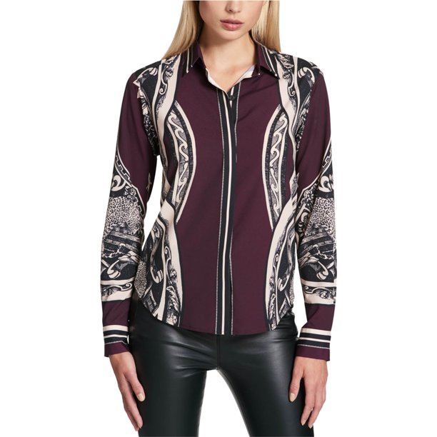 DKNY Camisa con botones y estampado de bufanda para mujer, Púrpura, Mediano DKNY Camisa con botones