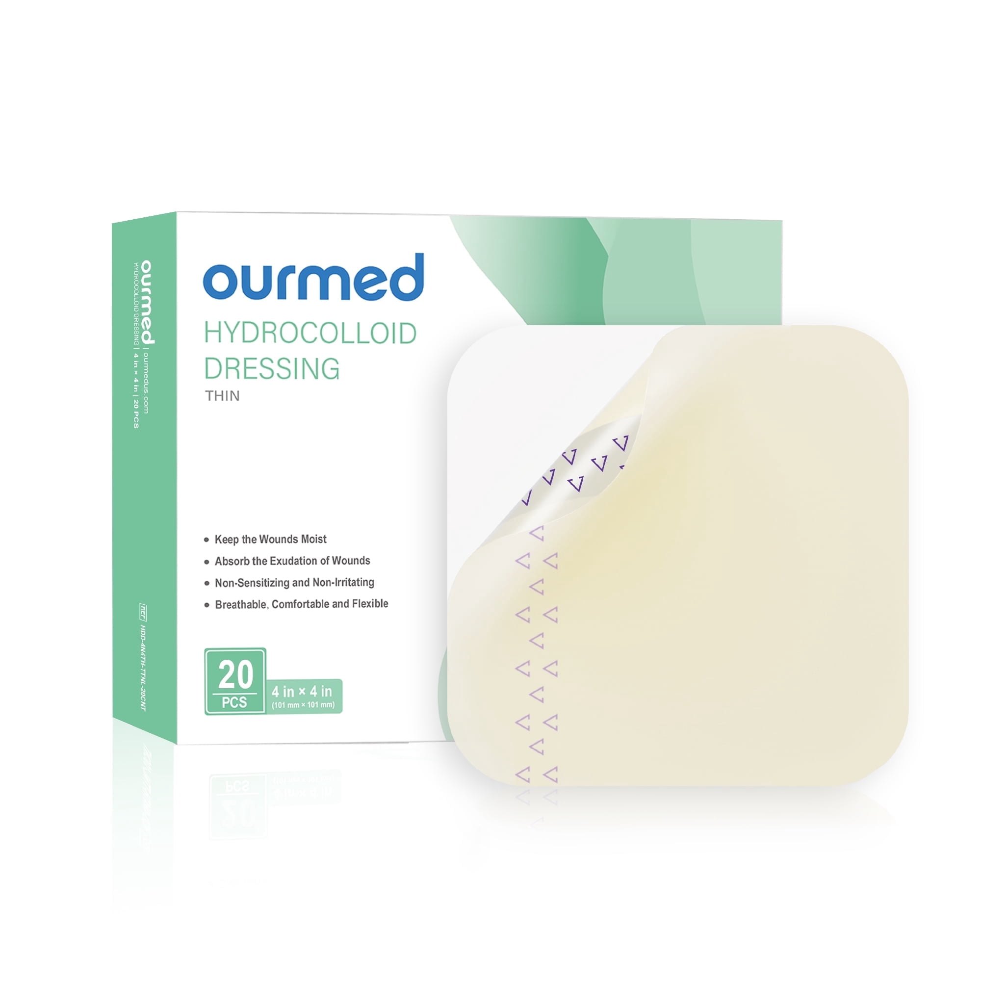 Ourmed Hydrocolloid Dressing, Large Size Sterile Moist Wound Bandages, 4"X4", Pack of 20
