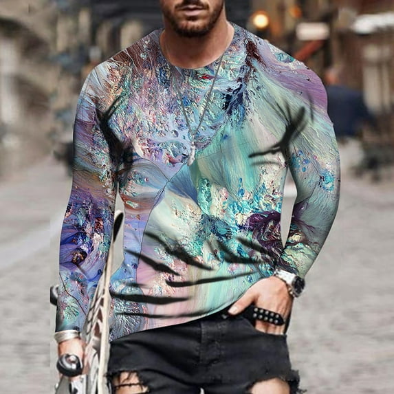 Azrian Deals Mens Blouses Loose Round Neck 3D Print Long-Sleeve T-Shirt Tops Clearance