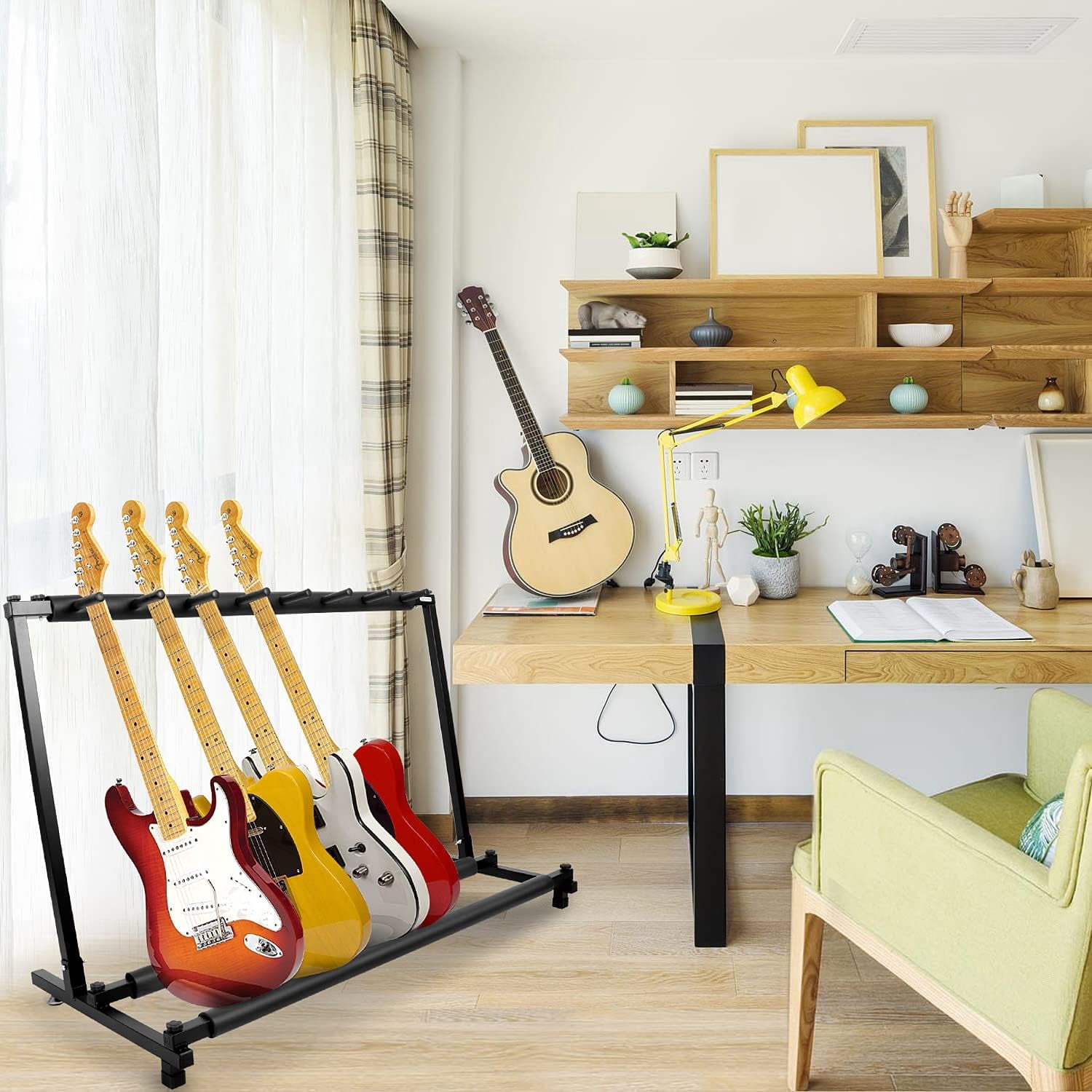 Youngshion 7-Space Foldable Universal Multi Guitar Stand Portable Collapsible Instrument Floor Guitar Rack Holder w/ Foam Padding - For Acoustic, Electric, Bass Guitar & Guitar Bag / Case