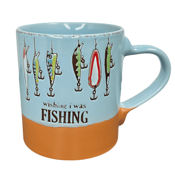 15oz Fishing Lover Mug for Men, Ceramic Coffee Tea Cup - "Wishing I Was Fishing" with Hooks & Lures, Dishwasher & Microwave Safe, Novelty Gift