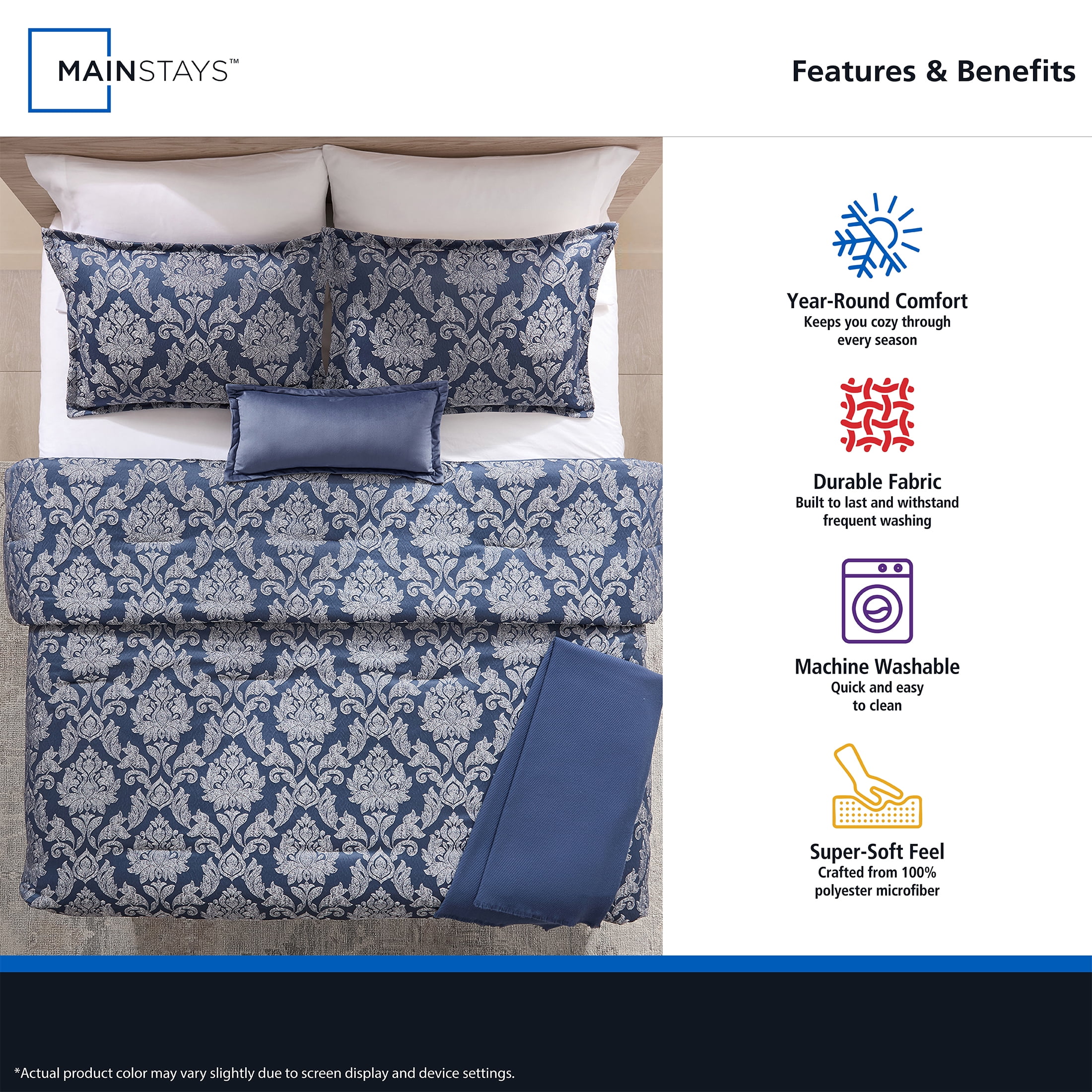 Mainstays Damask 4-Piece Blue Jacquard Comforter Set, Twin/Twin XL