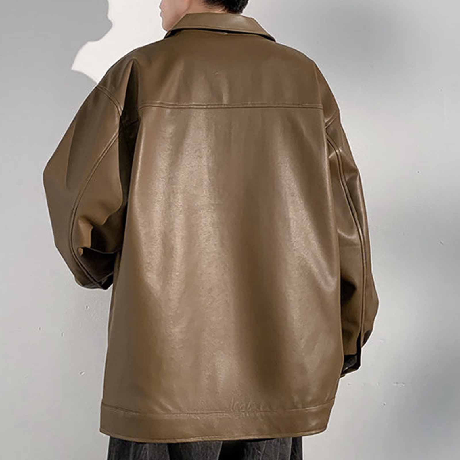 Maoxin Mens Jacket Retro Men's Solid Color Snap Pocket Casual Loose Long Sleeved Hooded Leather Jacket Coat Jackets for men Coffee 4XL