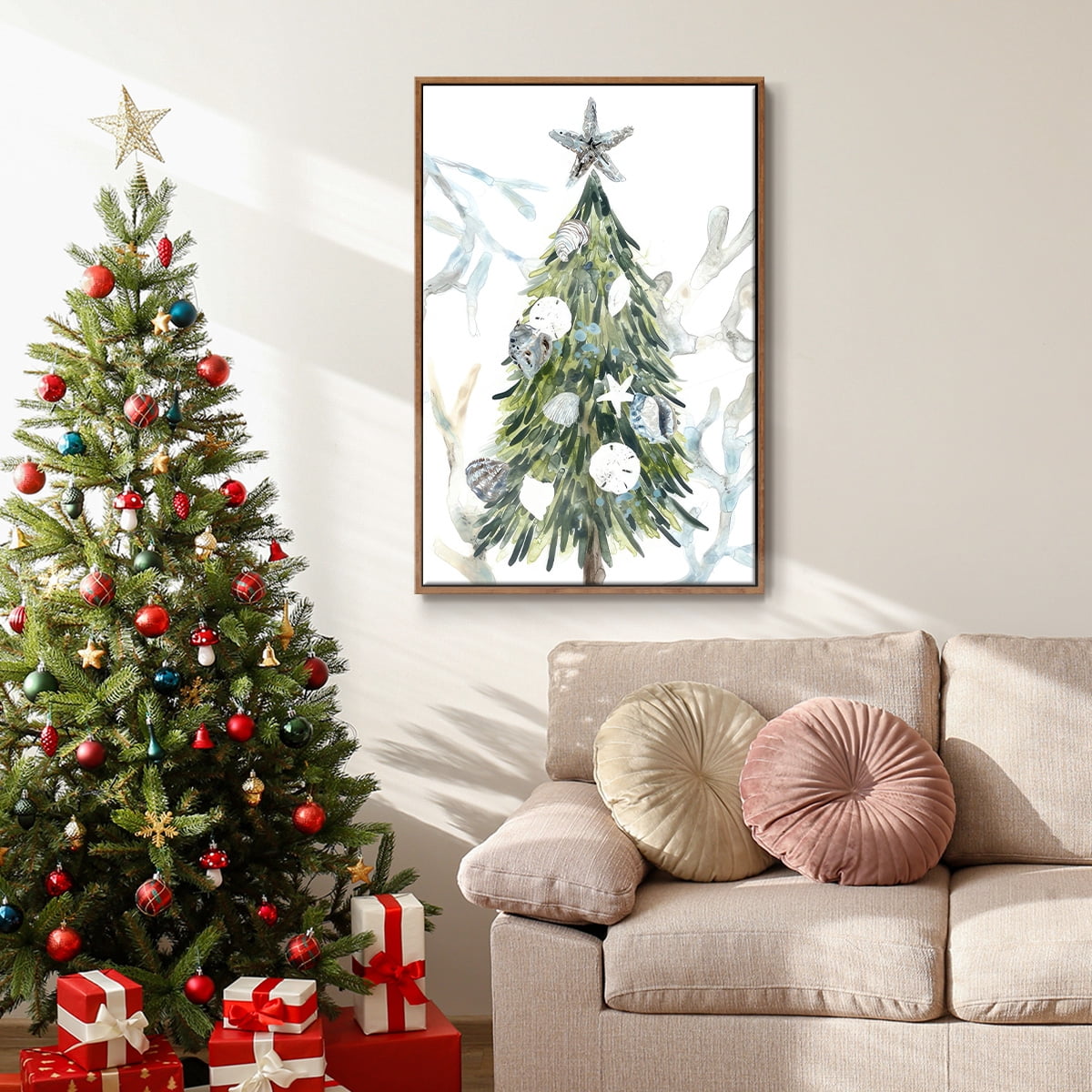 Coastal Christmas Shell Collection B - Framed Gallery Wrapped Holiday Canvas - 25 x 37 - Rosewood Frame