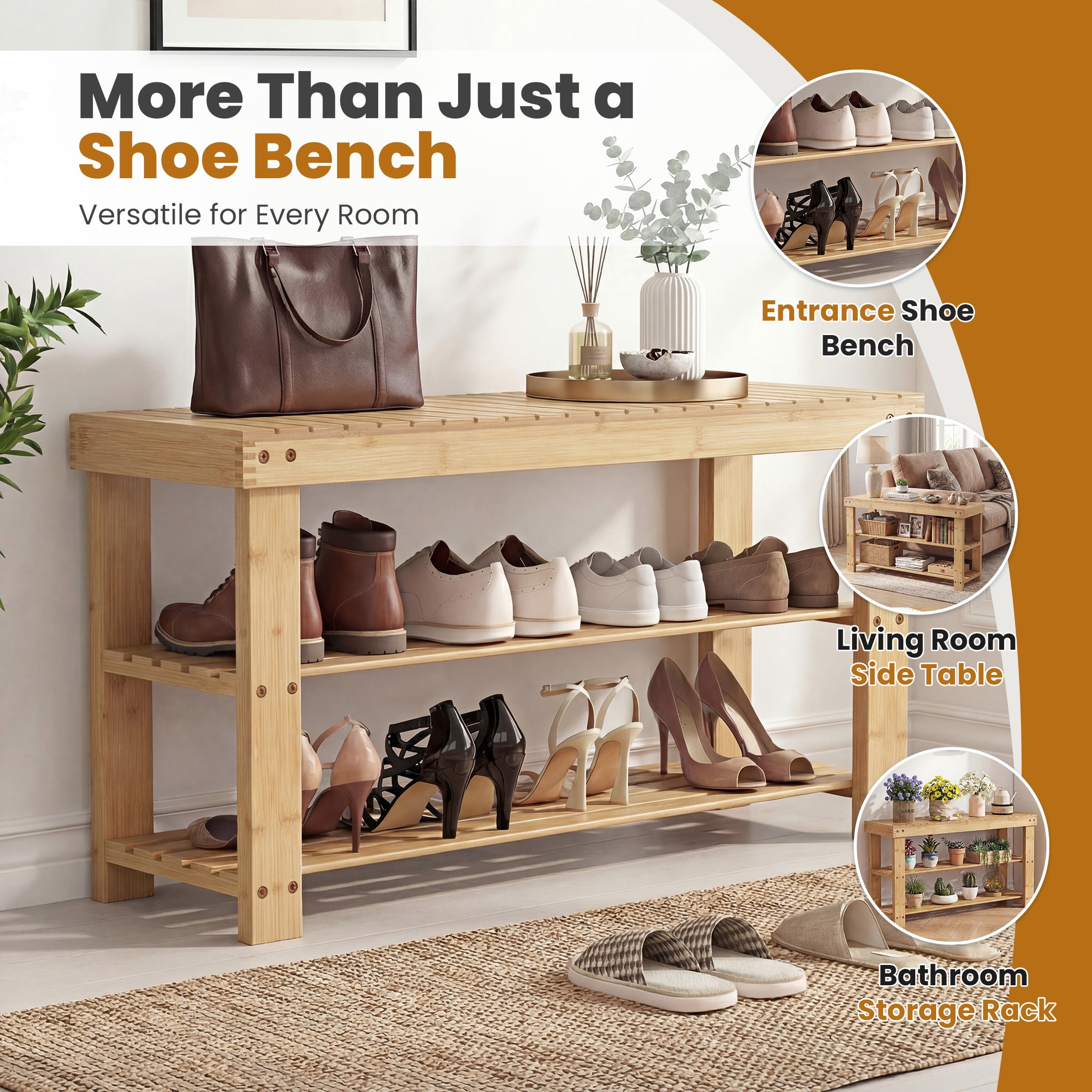 CONCETTA 19-In Bamboo Shoe Rack & Bench, 3-Tier 280 lb Capacity Storage Organizer for Entryway, Living Room, Balcony, Wood