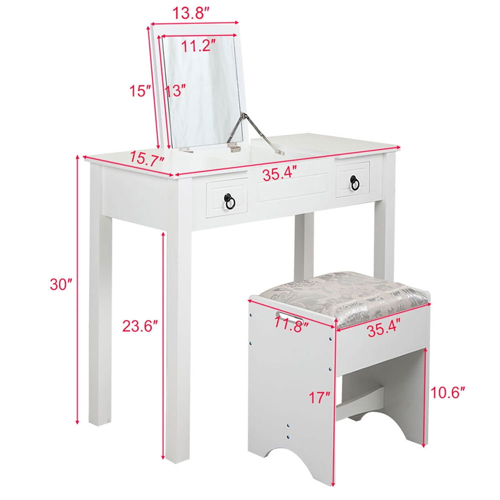Kadyn Makeup Vanity Set, Vanity Desk with Flip Top Mirror Makeup and 2 Drawers Cushioned Stool 3 Removable Organizers, White