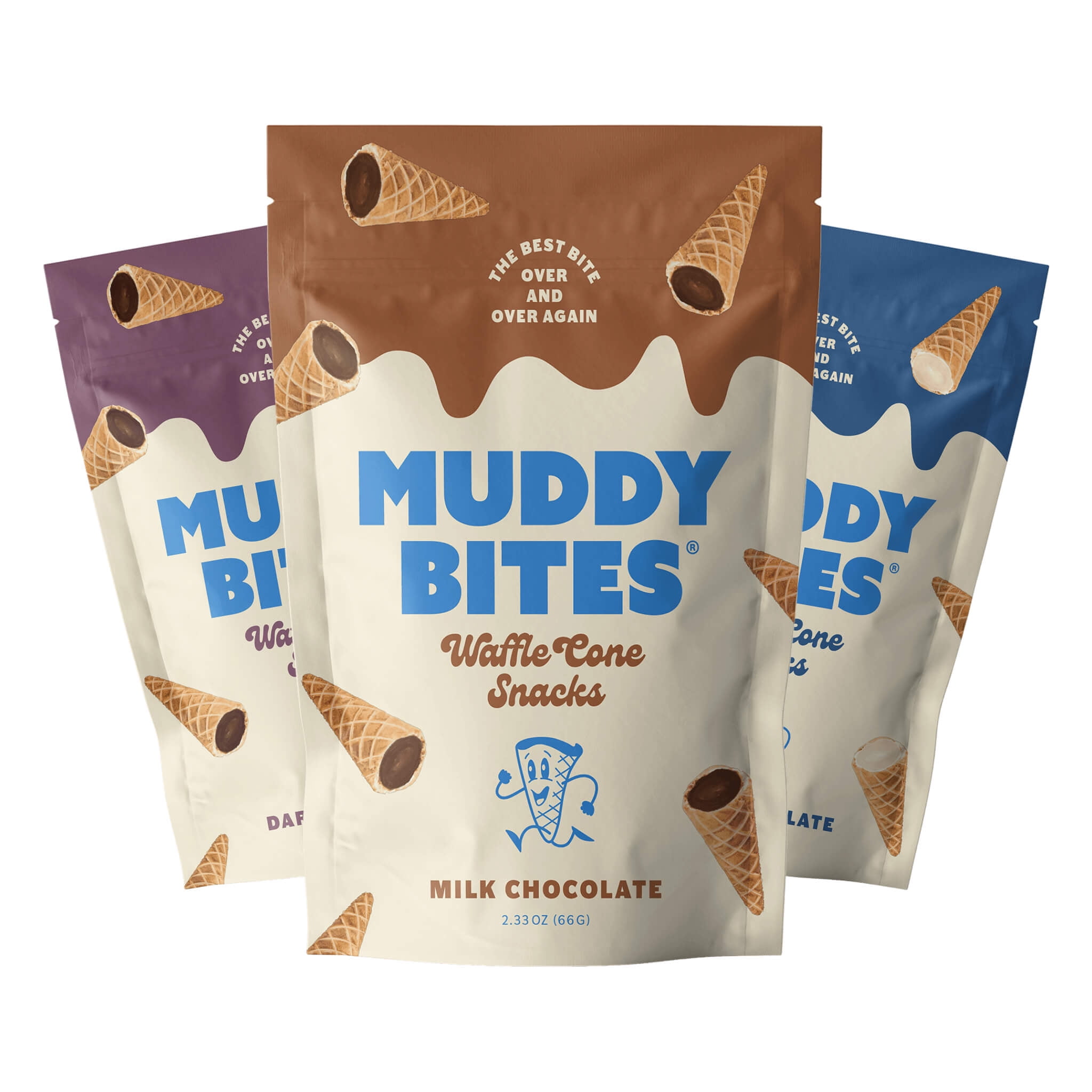 Muddy Bites Chocolate Filled Bite Size Waffle Cone Snack (Variety Pack, 3 Bags)