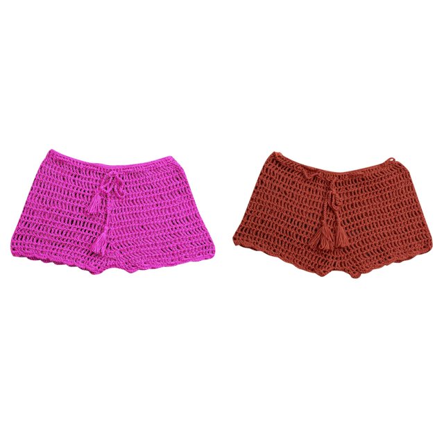 2 Pack(Hot Pink 1PCS & Watermelon Red 1PCS) Multipack Women's Summer Swim Wear Female Bottoms Solid Color Handwoven Beach Swimming Pants Stretchable Strap Hollow Flat Corner Pants