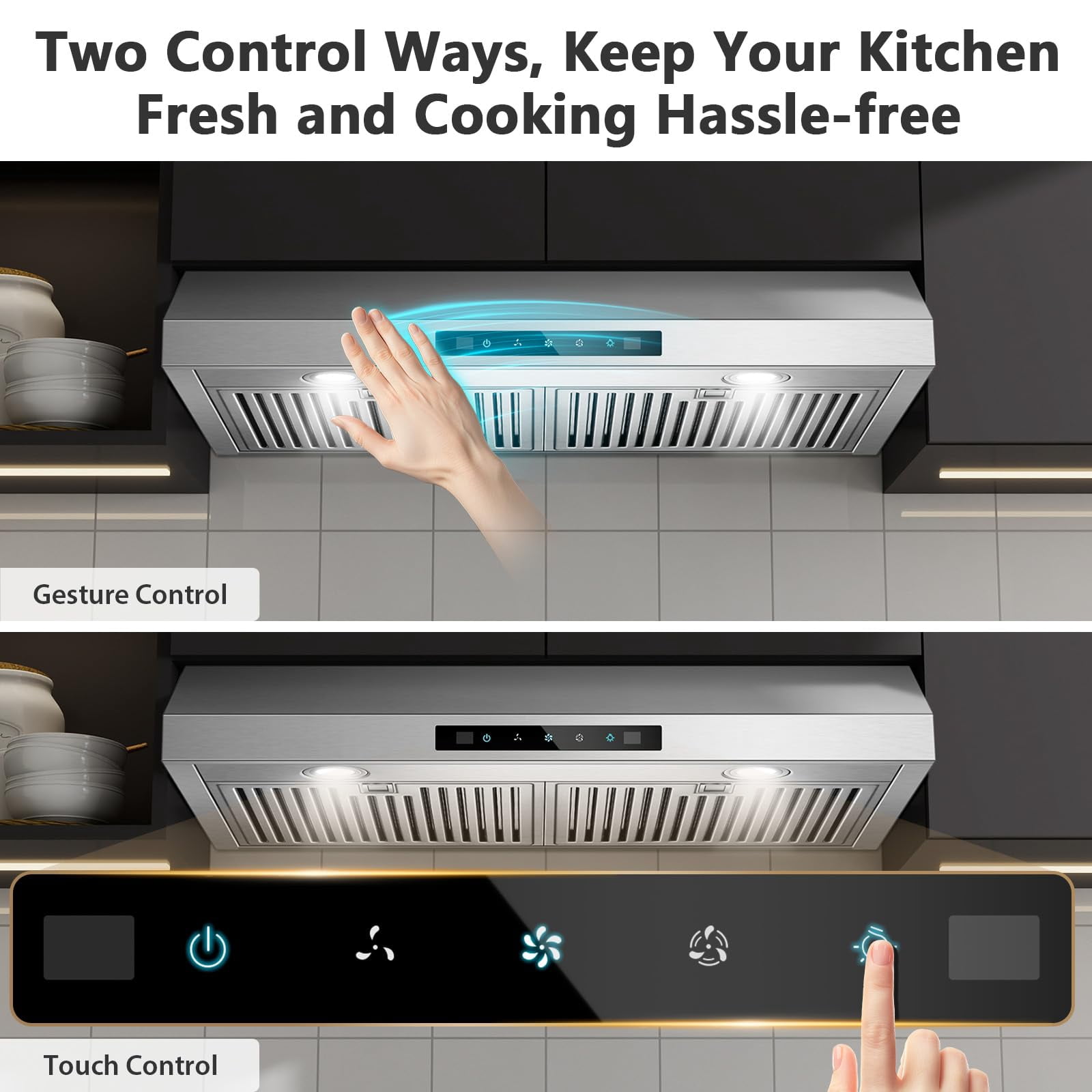 Under Cabinet Range Hood 30 inch, Stainless Steel Kitchen Hood 800CFM, Stove Hood with Push Button Control, Baffle Filters, Ducted/Ductless Convertible Duct
