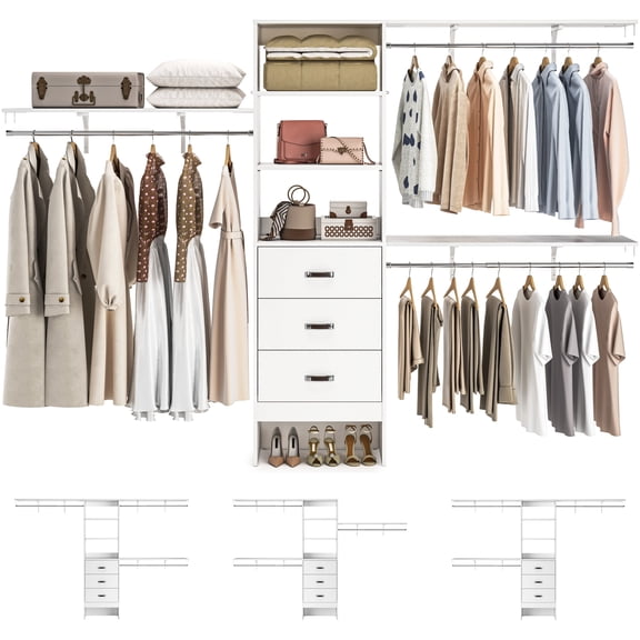 Armocity 120'' Large Walk-in Closet System with Drawers, Heavy Duty Closet Organizer System with Hanging Rods and Shelves for Wardrobe Storage, White