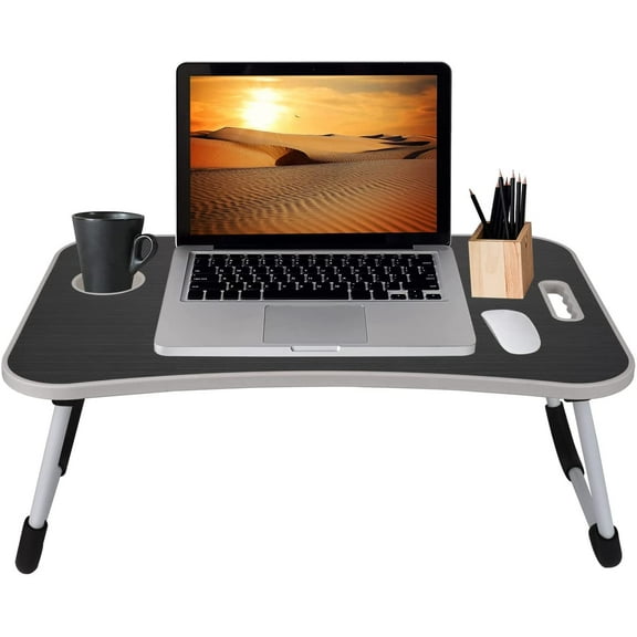 Folding Lap Desk for Bed and Sofa - Portable Wide Surface Bed Desk with Built-in Cup Holder and Tablet or Phone Slot
