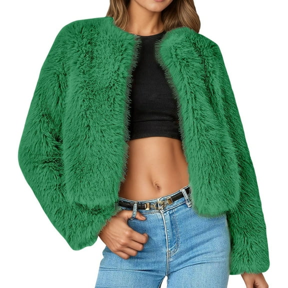 DHFJKG Jackets For Women Crop Top Fluffy Coat Long Sleeve Round Neck Open Front Thick Jacket Casual Solid Color Soft Outerwear