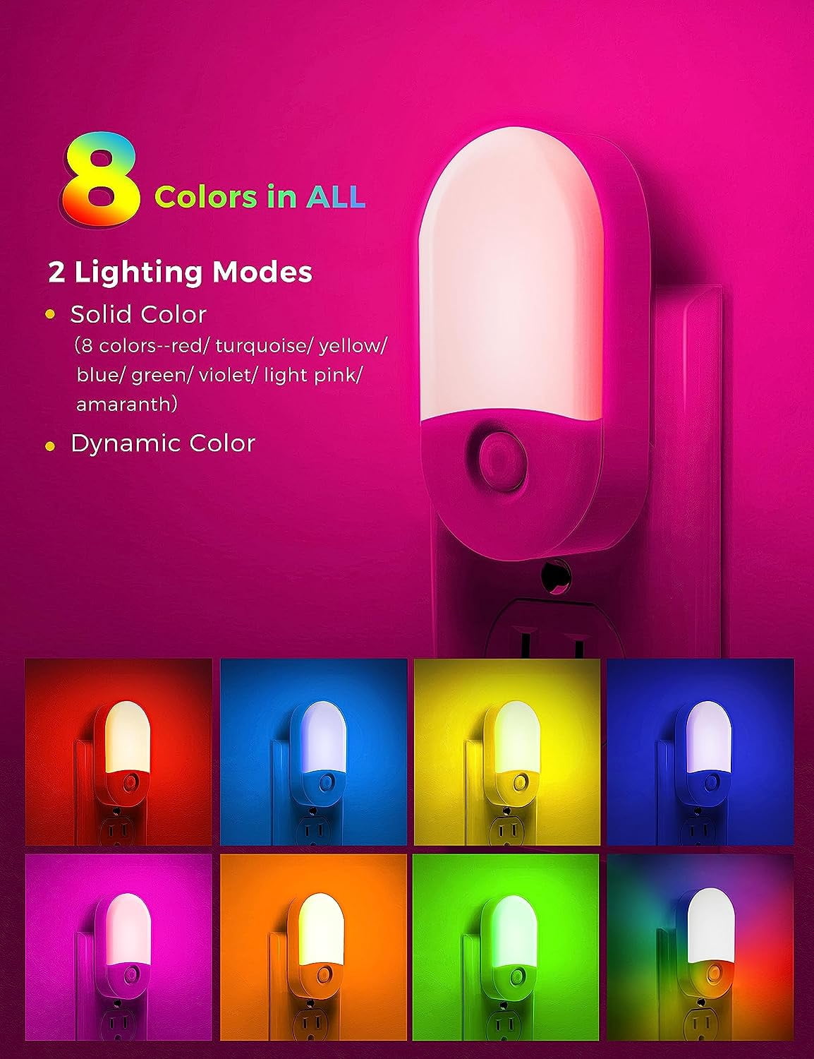 Night Light for Kids [2 Pack], 8-Color Changing Night Lights Plug into Wall, RGB LED Nightlights, Nightlight with Light Sensor, Cute Night Light for Bathroom Decor, Children Room,Gift