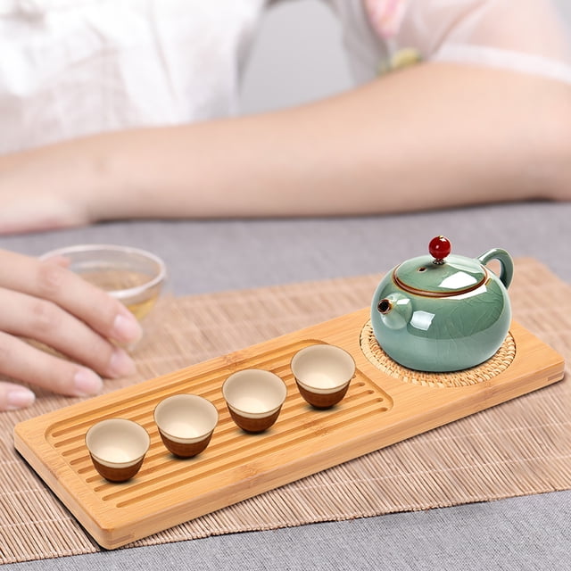 Mesa de tetera, bandeja de bambú de bambú portátil para servir, bandeja de té de bambú, resistente y resistente