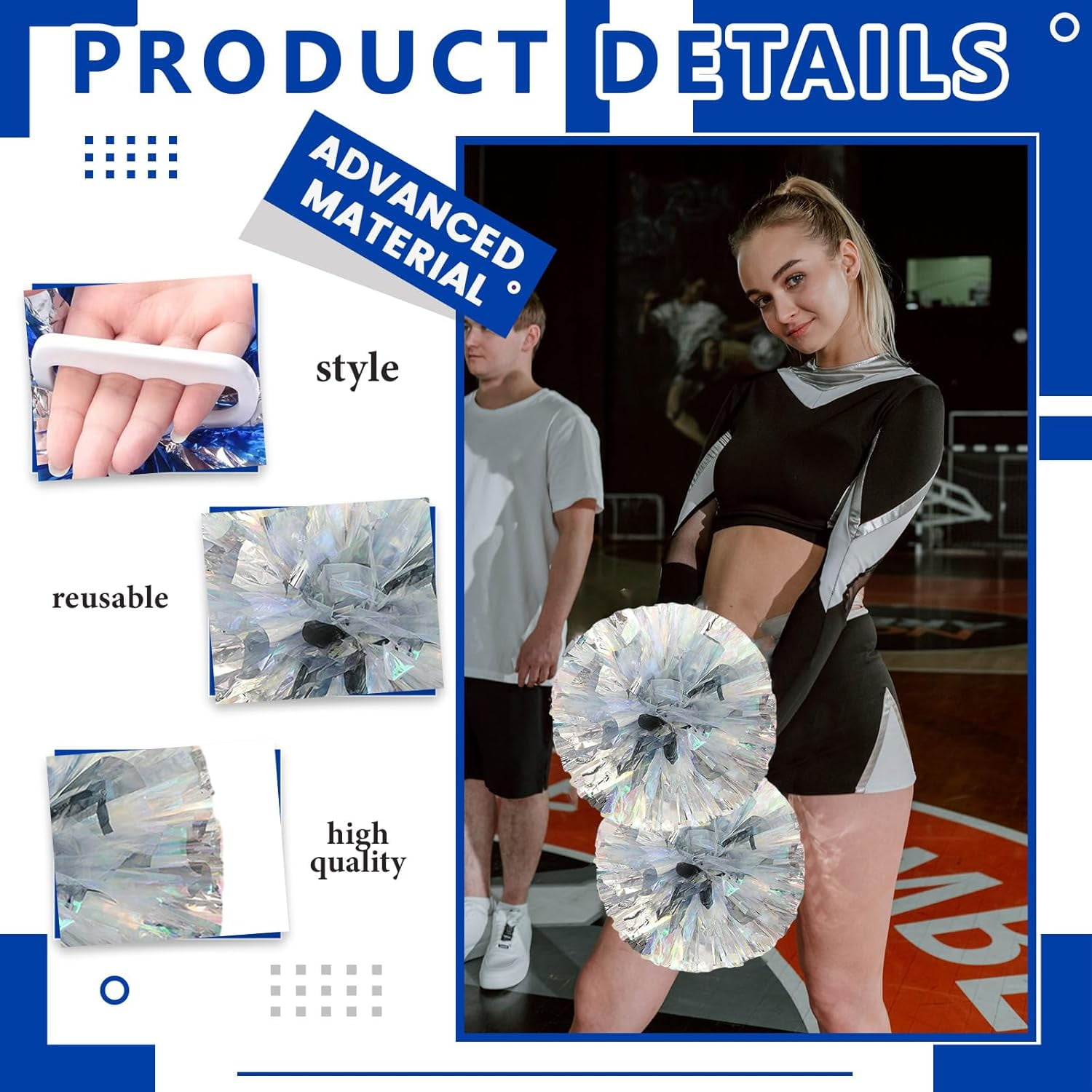 Cheerleader Pom Poms 12 Pack Sports Dance Cheering Plastic Metallic Cheerleading Pom Poms for Kids Adults