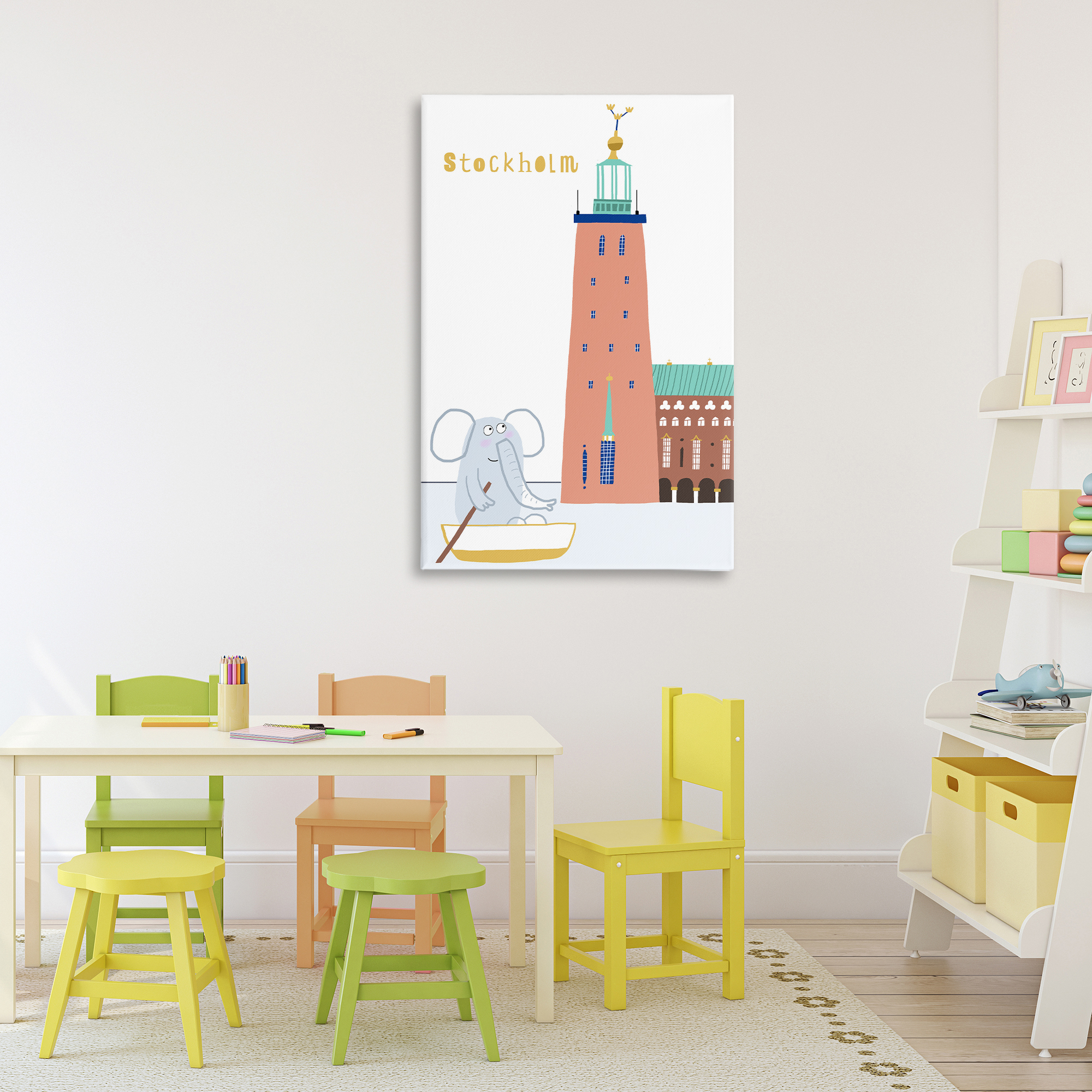 Elephant in Stockholm Boat Canvas Wall Art, design by Carla Daly